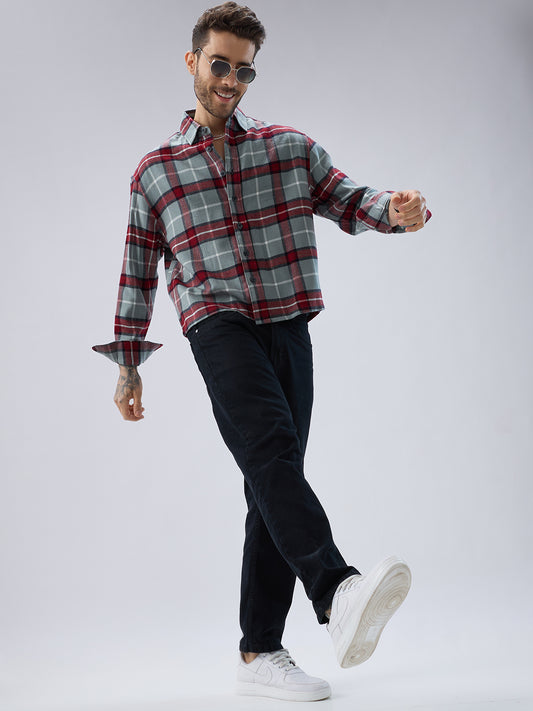Forest Mist Rust Checks Boxy Fit Cropped Flannel Shirt