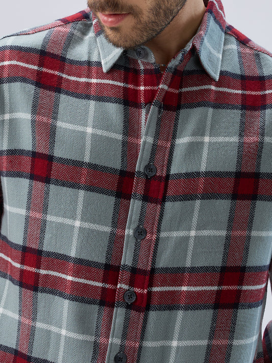 Forest Mist Rust Checks Boxy Fit Cropped Flannel Shirt