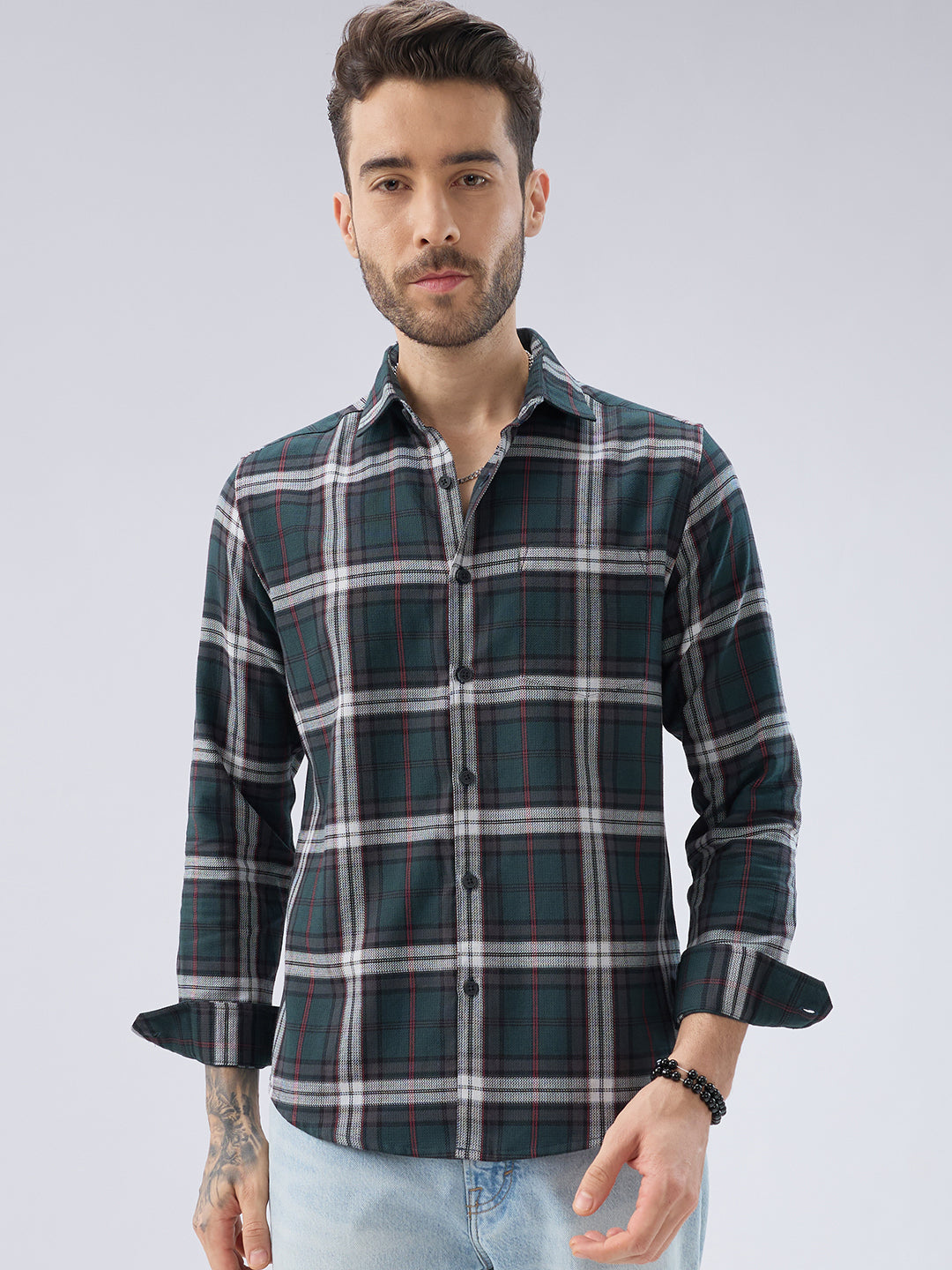 Premium Cotton Deep Forest Green Contrast Checks Shirt