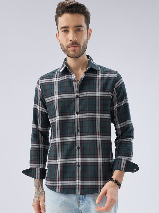 Premium Cotton Deep Forest Green Contrast Checks Shirt