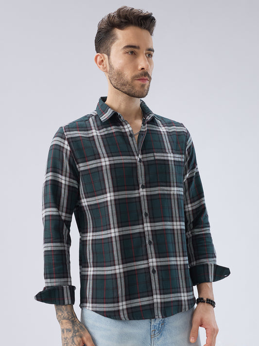 Premium Cotton Deep Forest Green Contrast Checks Shirt