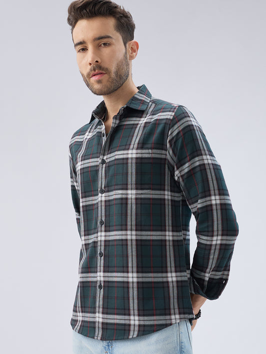 Premium Cotton Deep Forest Green Contrast Checks Shirt