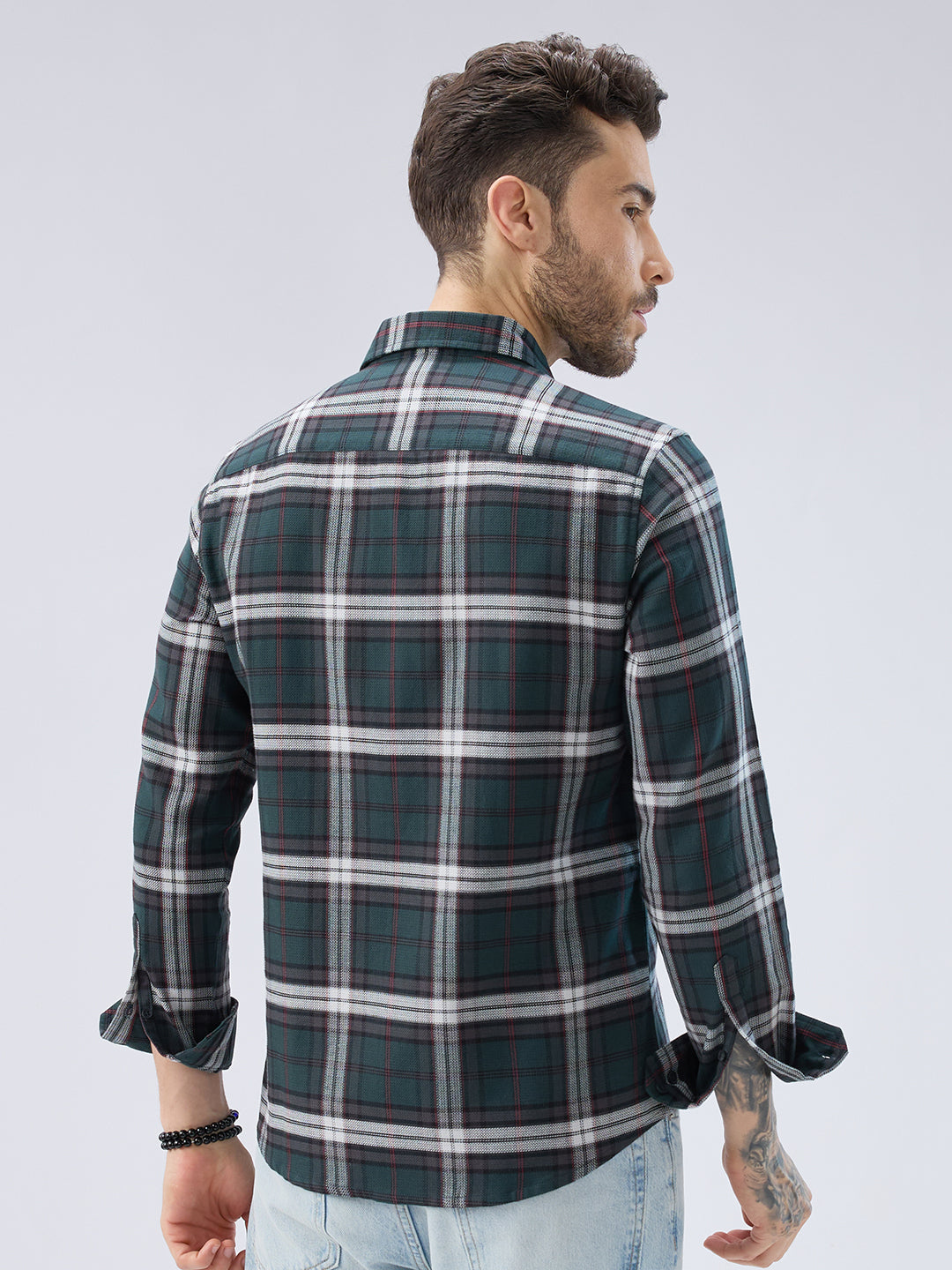 Premium Cotton Deep Forest Green Contrast Checks Shirt