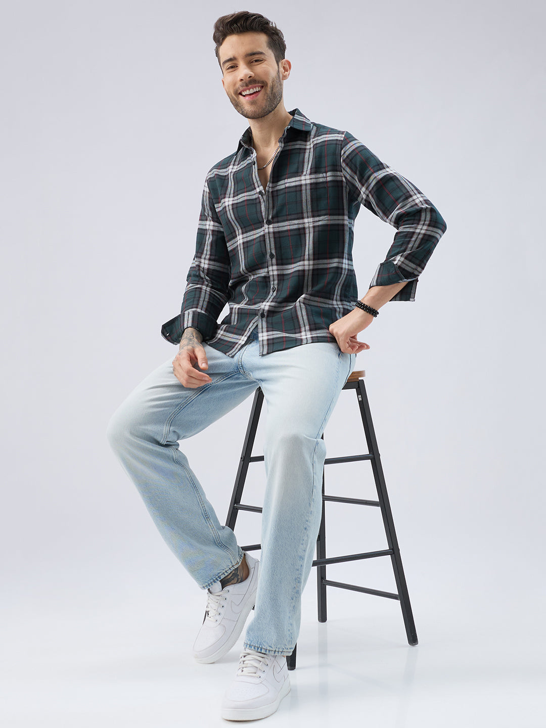 Premium Cotton Deep Forest Green Contrast Checks Shirt