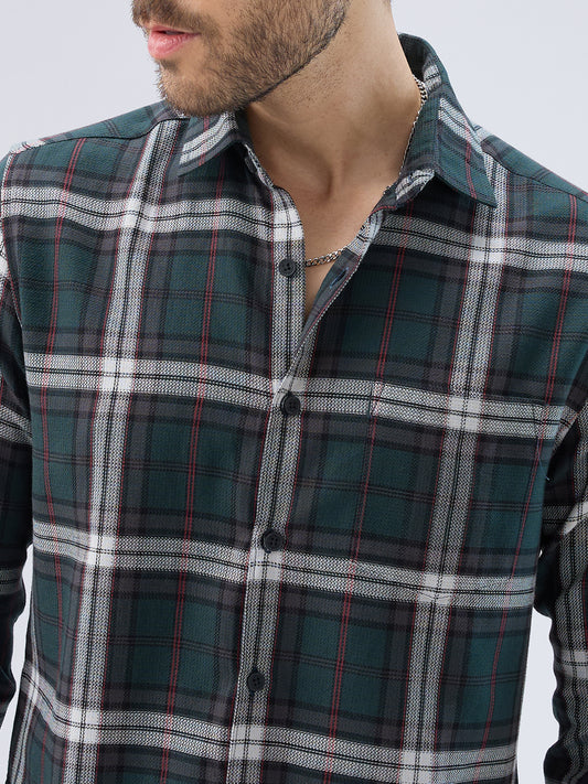 Premium Cotton Deep Forest Green Contrast Checks Shirt