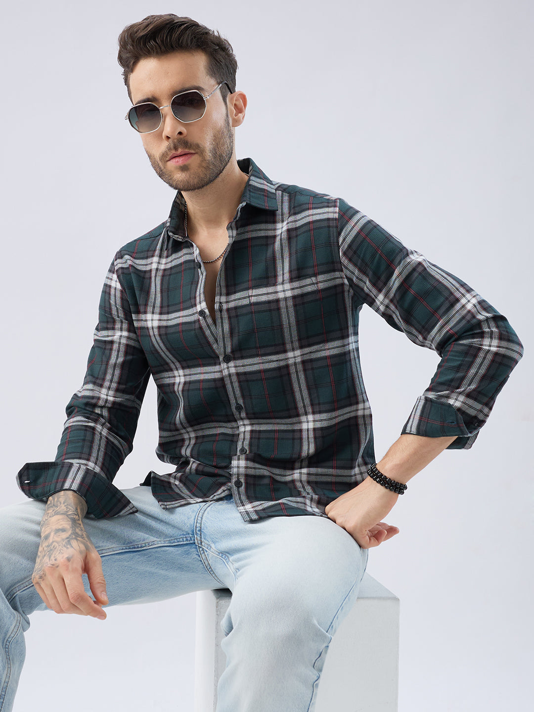 Premium Cotton Deep Forest Green Contrast Checks Shirt