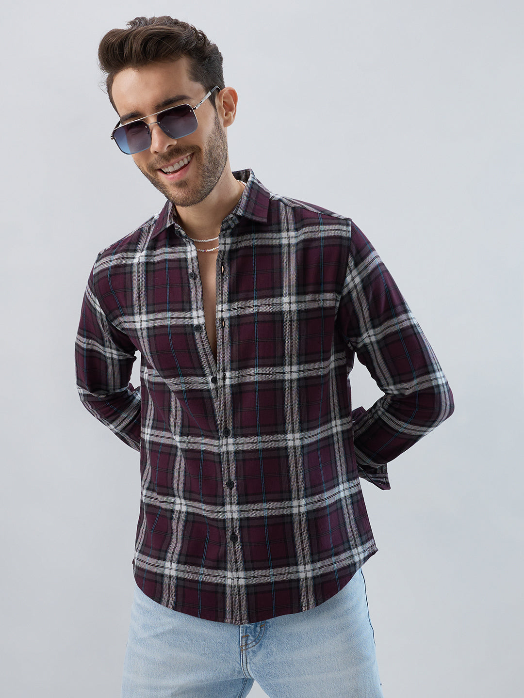 Premium Cotton Dark Maroon Tartan Plaid Checked Shirt