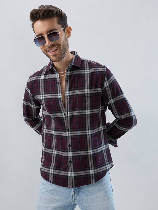 Premium Cotton Dark Maroon Tartan Plaid Checked Shirt