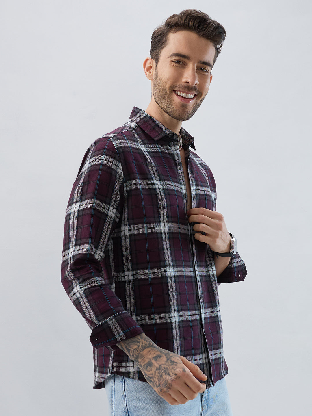 Premium Cotton Dark Maroon Tartan Plaid Checked Shirt