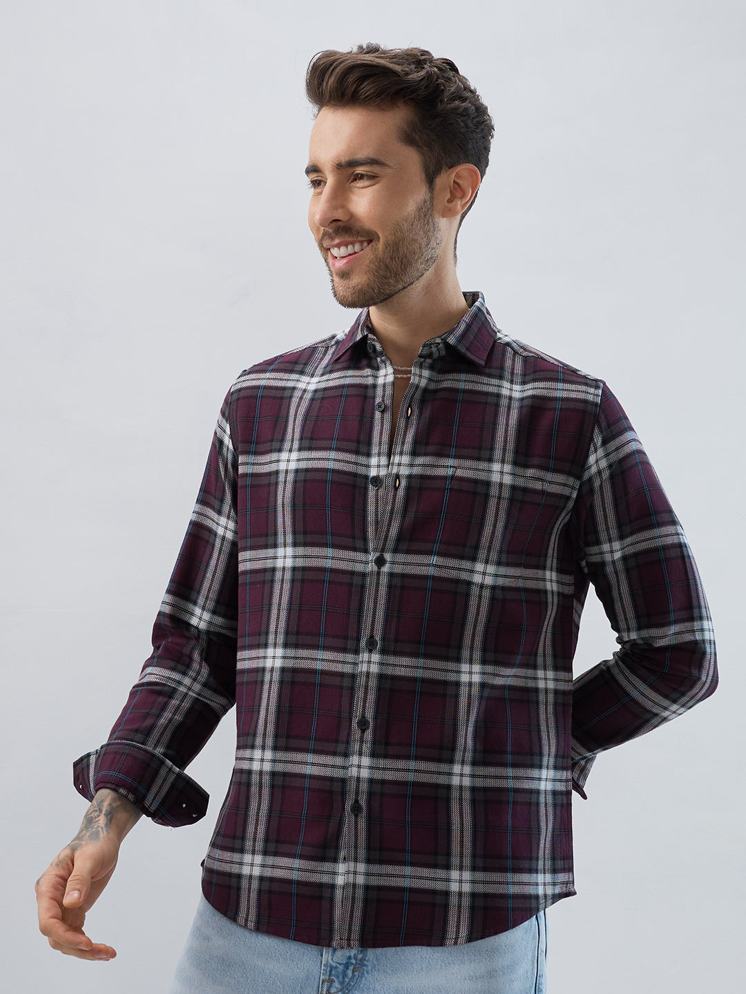 Premium Cotton Dark Maroon Tartan Plaid Checked Shirt