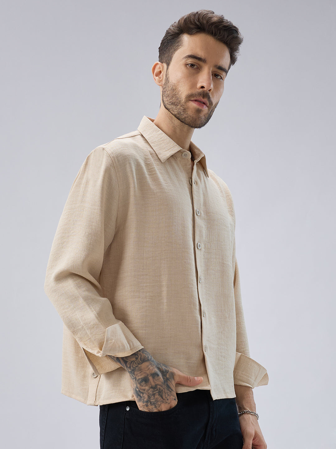 Soft Beige Slub Textured Oversized Side Slit Button Crop Shirt