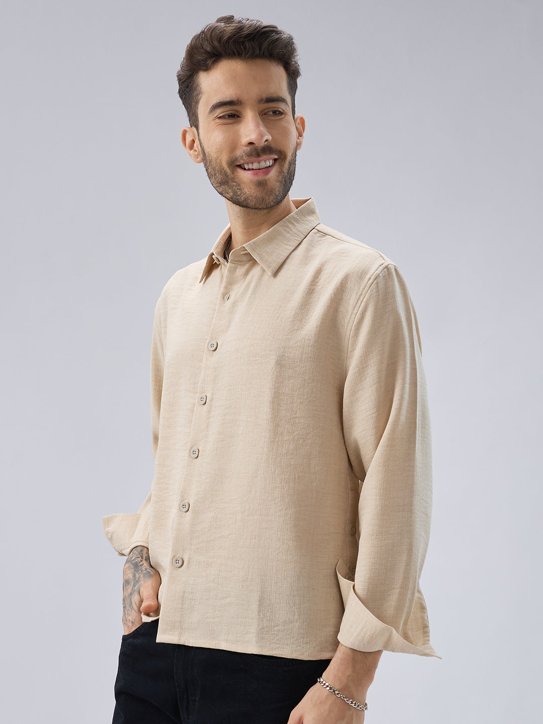 Soft Beige Slub Textured Oversized Side Slit Button Crop Shirt