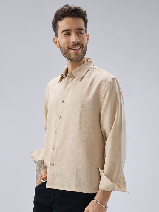 Soft Beige Slub Textured Oversized Side Slit Button Crop Shirt