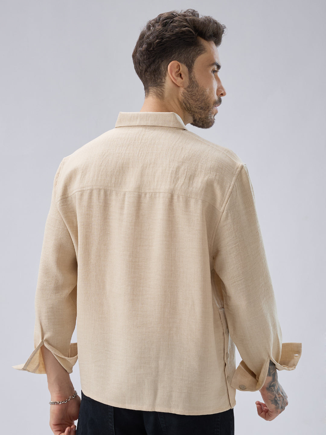 Soft Beige Slub Textured Oversized Side Slit Button Crop Shirt