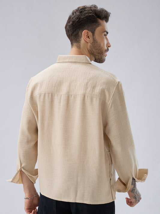 Soft Beige Slub Textured Oversized Side Slit Button Crop Shirt