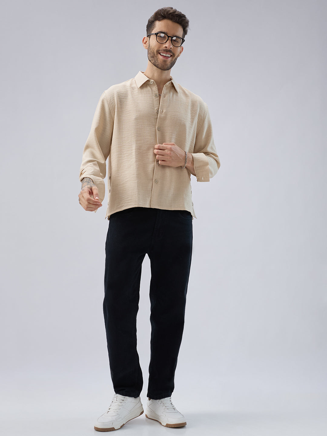 Soft Beige Slub Textured Oversized Side Slit Button Crop Shirt