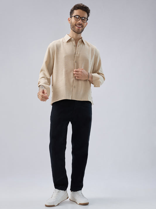 Soft Beige Slub Textured Oversized Side Slit Button Crop Shirt