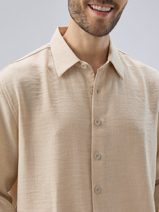 Soft Beige Slub Textured Oversized Side Slit Button Crop Shirt