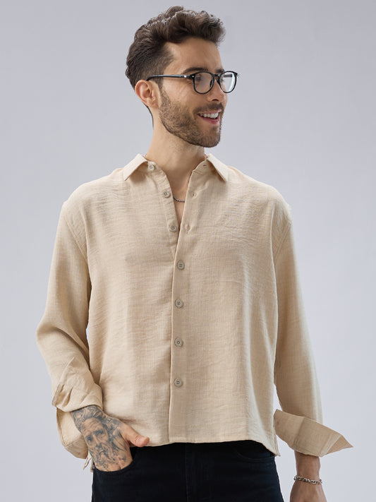 Soft Beige Slub Textured Oversized Side Slit Button Crop Shirt