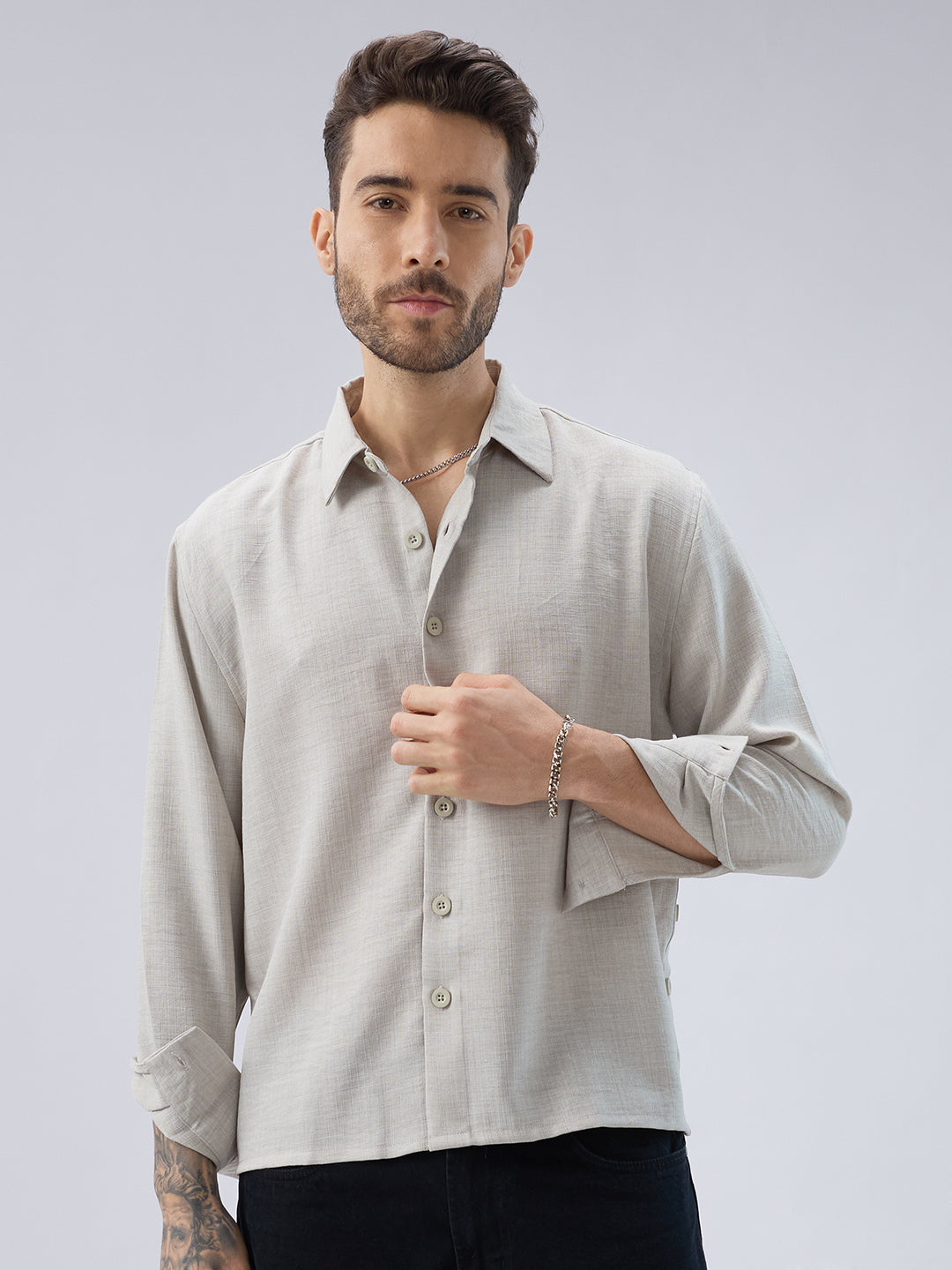 Cloud Grey Slub Textured Side-Slit Button Oversized Crop Shirt