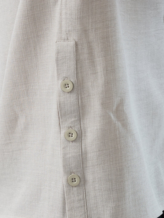 Cloud Grey Slub Textured Side-Slit Button Oversized Crop Shirt