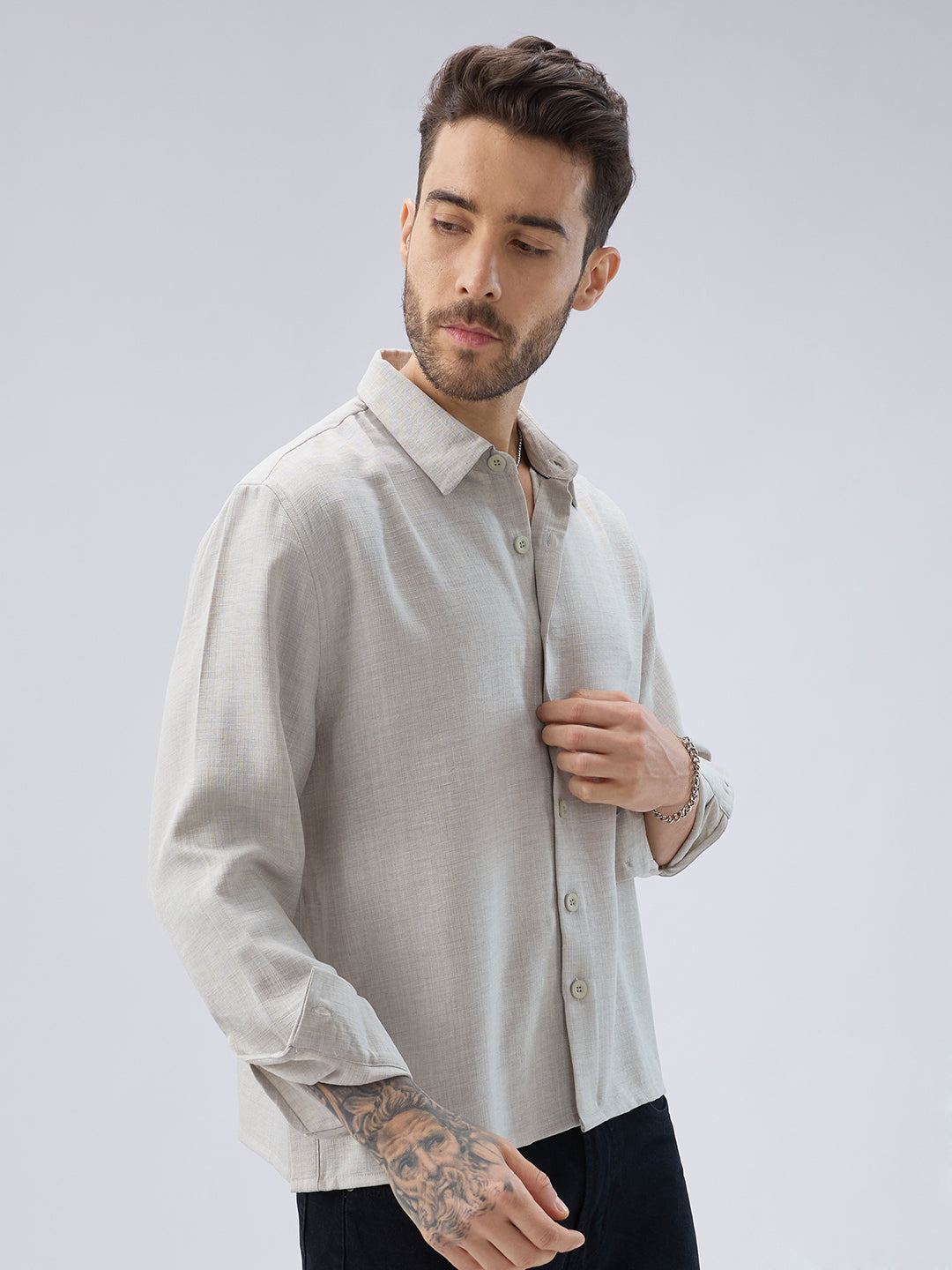Cloud Grey Slub Textured Side-Slit Button Oversized Crop Shirt
