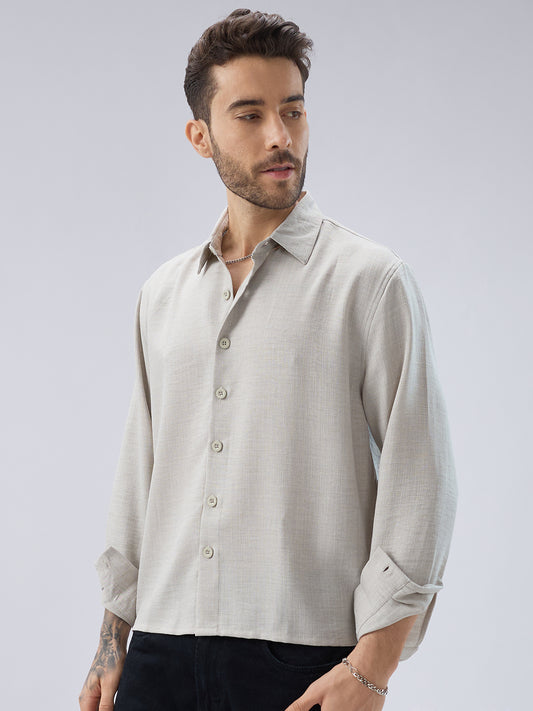 Cloud Grey Slub Textured Side-Slit Button Oversized Crop Shirt