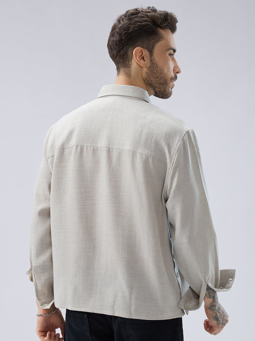 Cloud Grey Slub Textured Side-Slit Button Oversized Crop Shirt