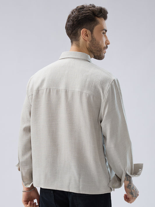 Cloud Grey Slub Textured Side-Slit Button Oversized Crop Shirt