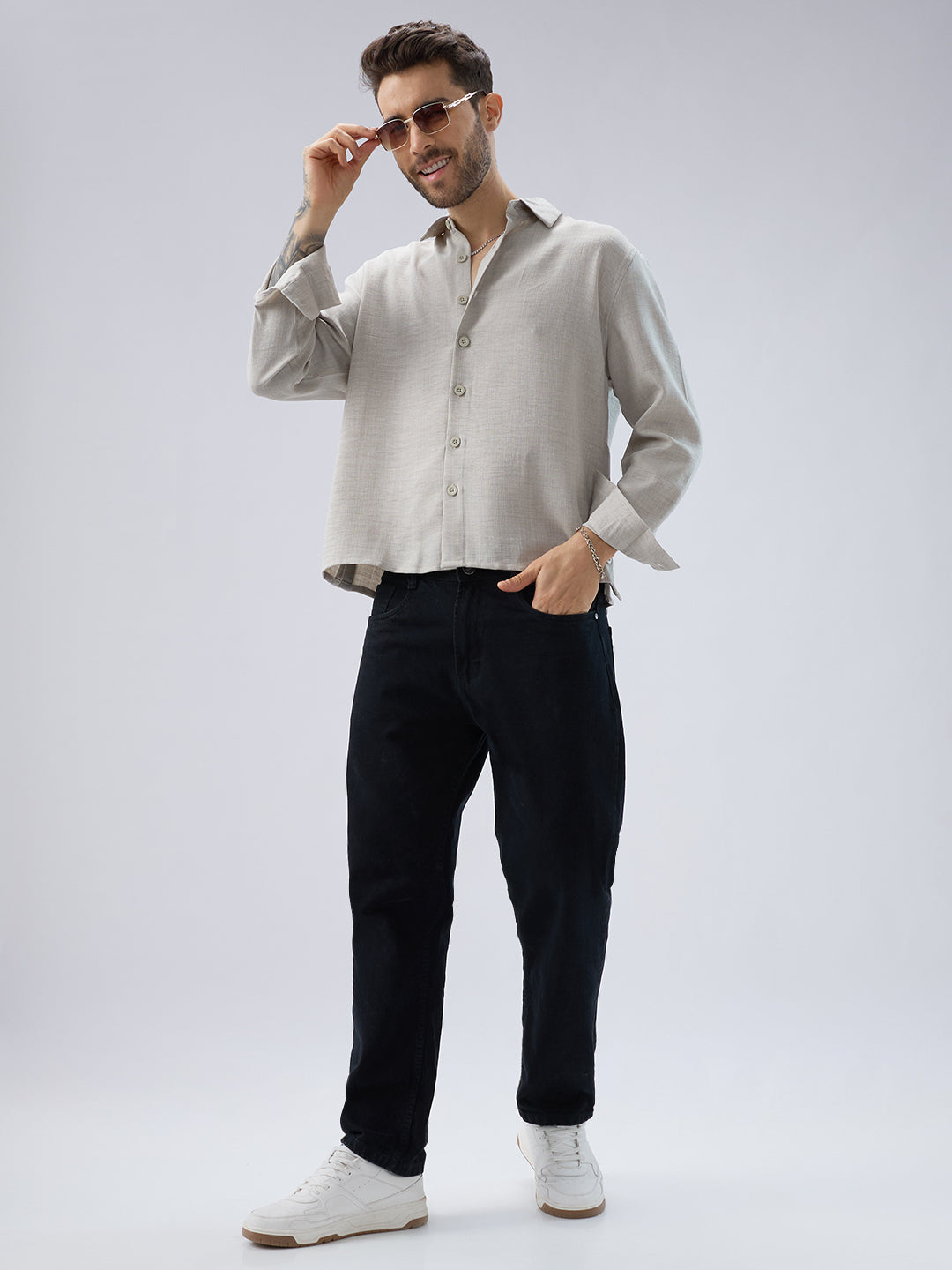 Cloud Grey Slub Textured Side-Slit Button Oversized Crop Shirt