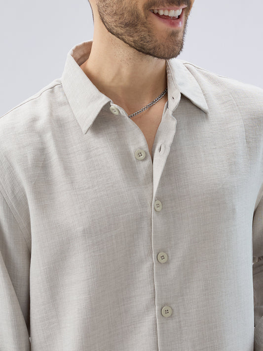 Cloud Grey Slub Textured Side-Slit Button Oversized Crop Shirt