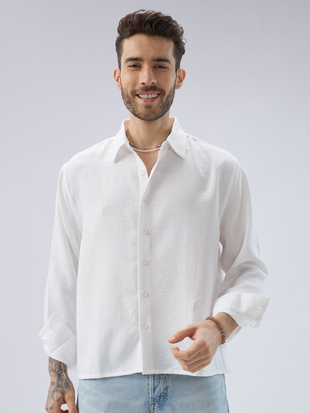 Snow White Side Slit Button Slub Textured Oversized Crop Shirt