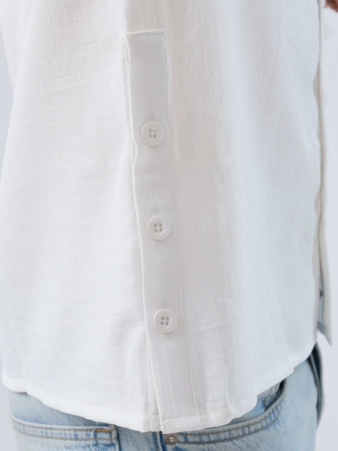 Snow White Side Slit Button Slub Textured Oversized Crop Shirt