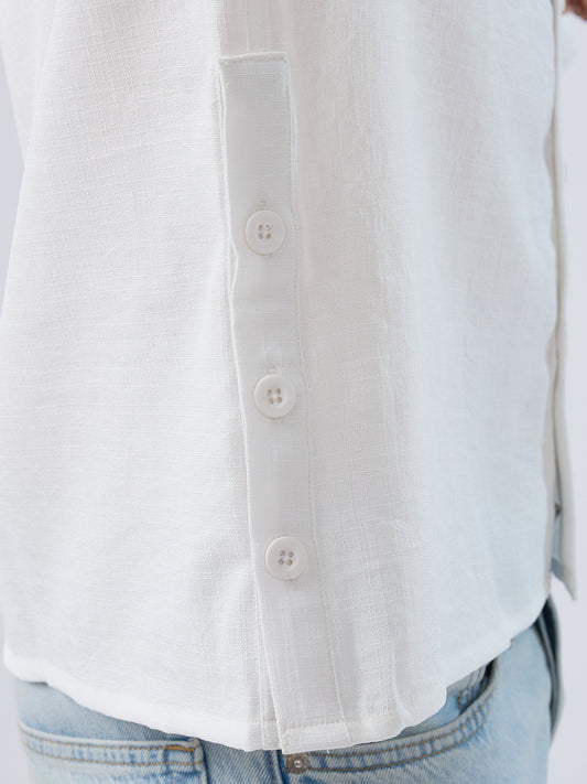 Snow White Side Slit Button Slub Textured Oversized Crop Shirt