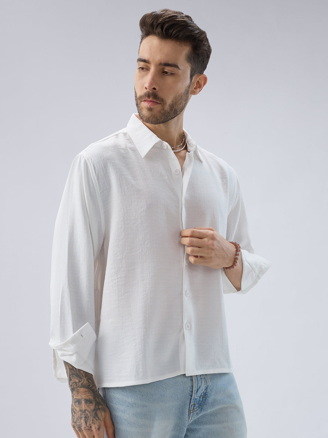 Snow White Side Slit Button Slub Textured Oversized Crop Shirt