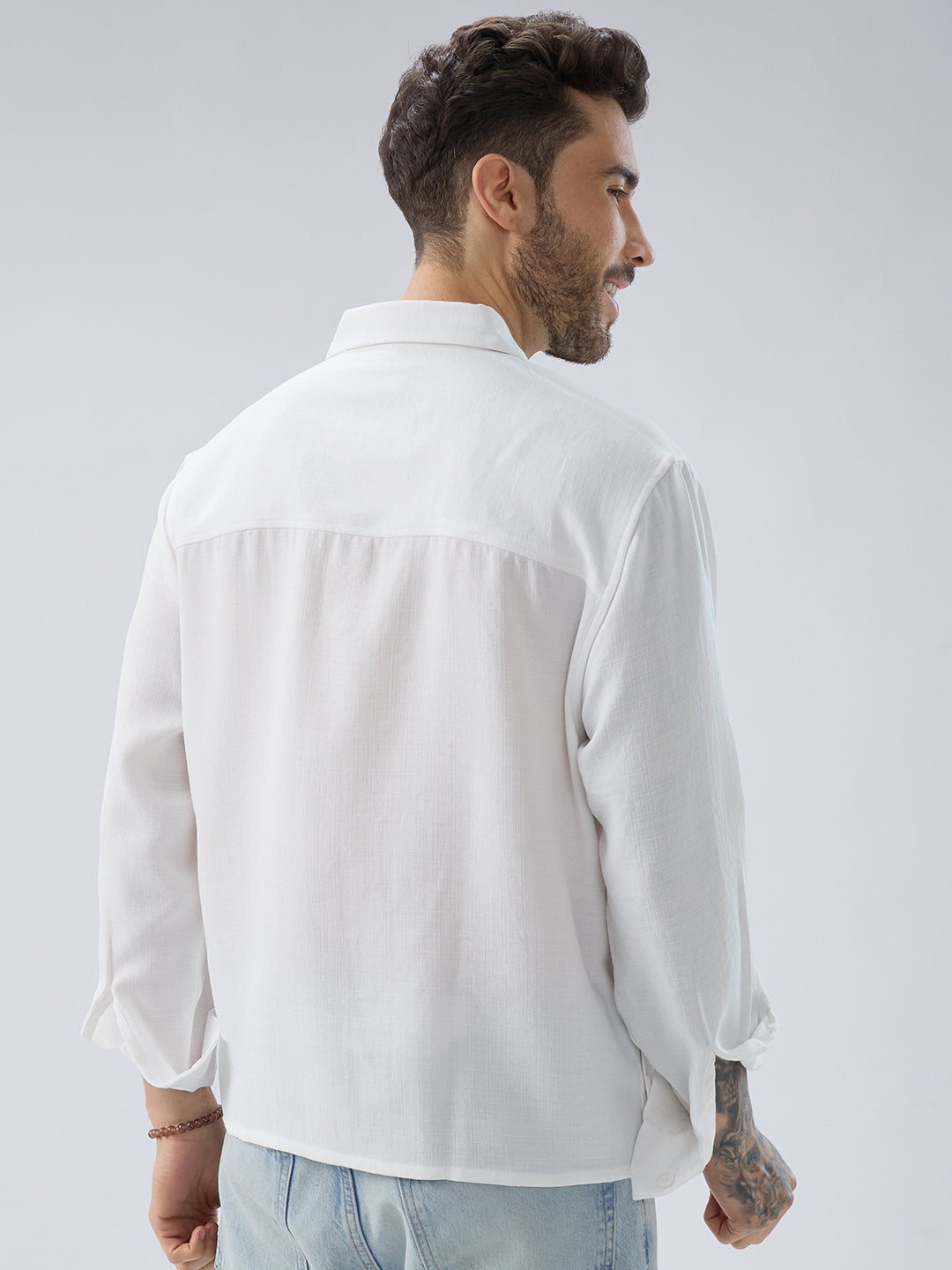 Snow White Side Slit Button Slub Textured Oversized Crop Shirt