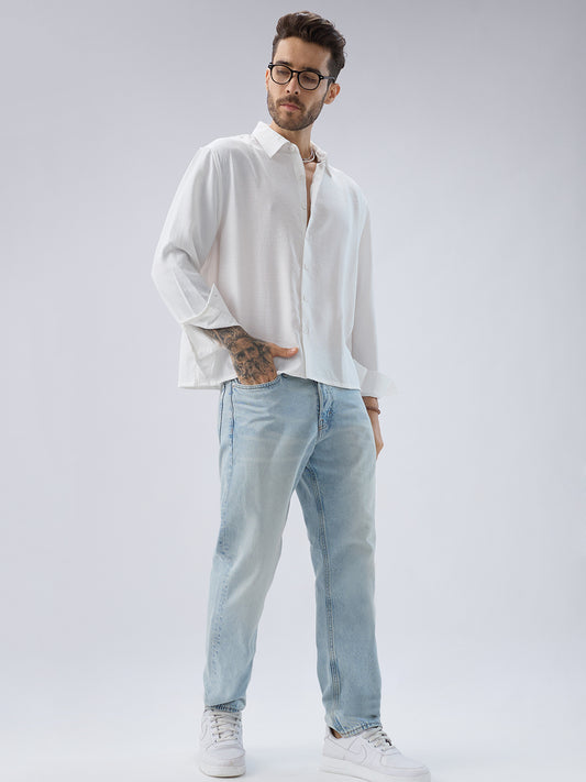 Snow White Side Slit Button Slub Textured Oversized Crop Shirt