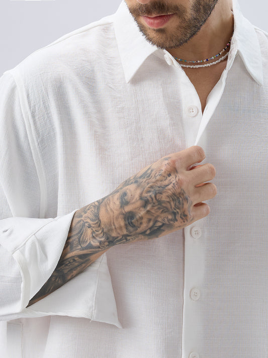 Snow White Side Slit Button Slub Textured Oversized Crop Shirt