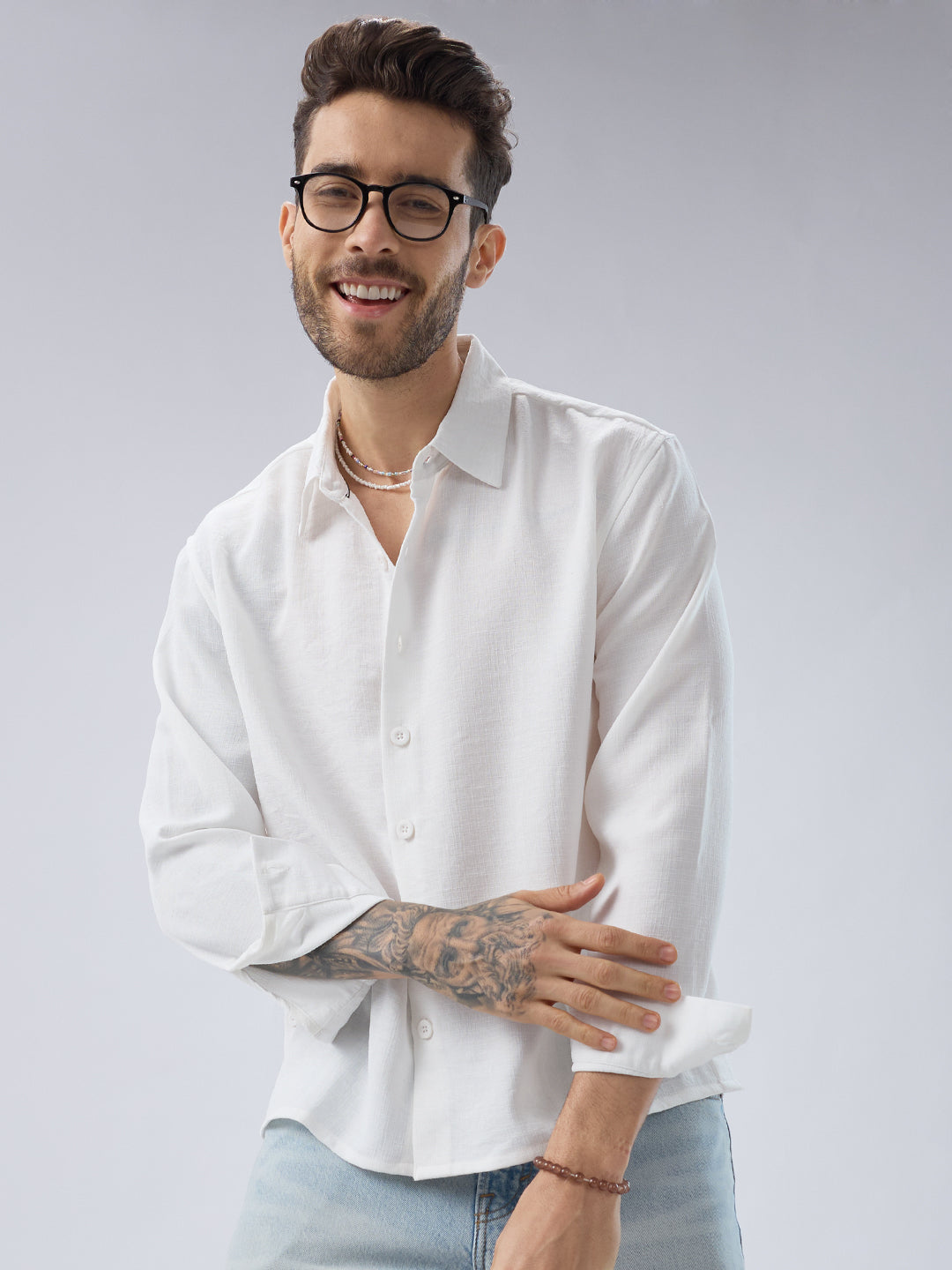 Snow White Side Slit Button Slub Textured Oversized Crop Shirt