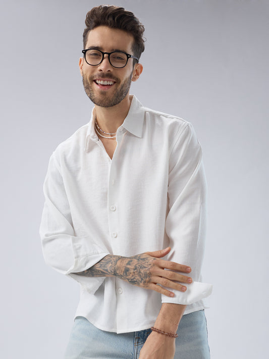 Snow White Side Slit Button Slub Textured Oversized Crop Shirt