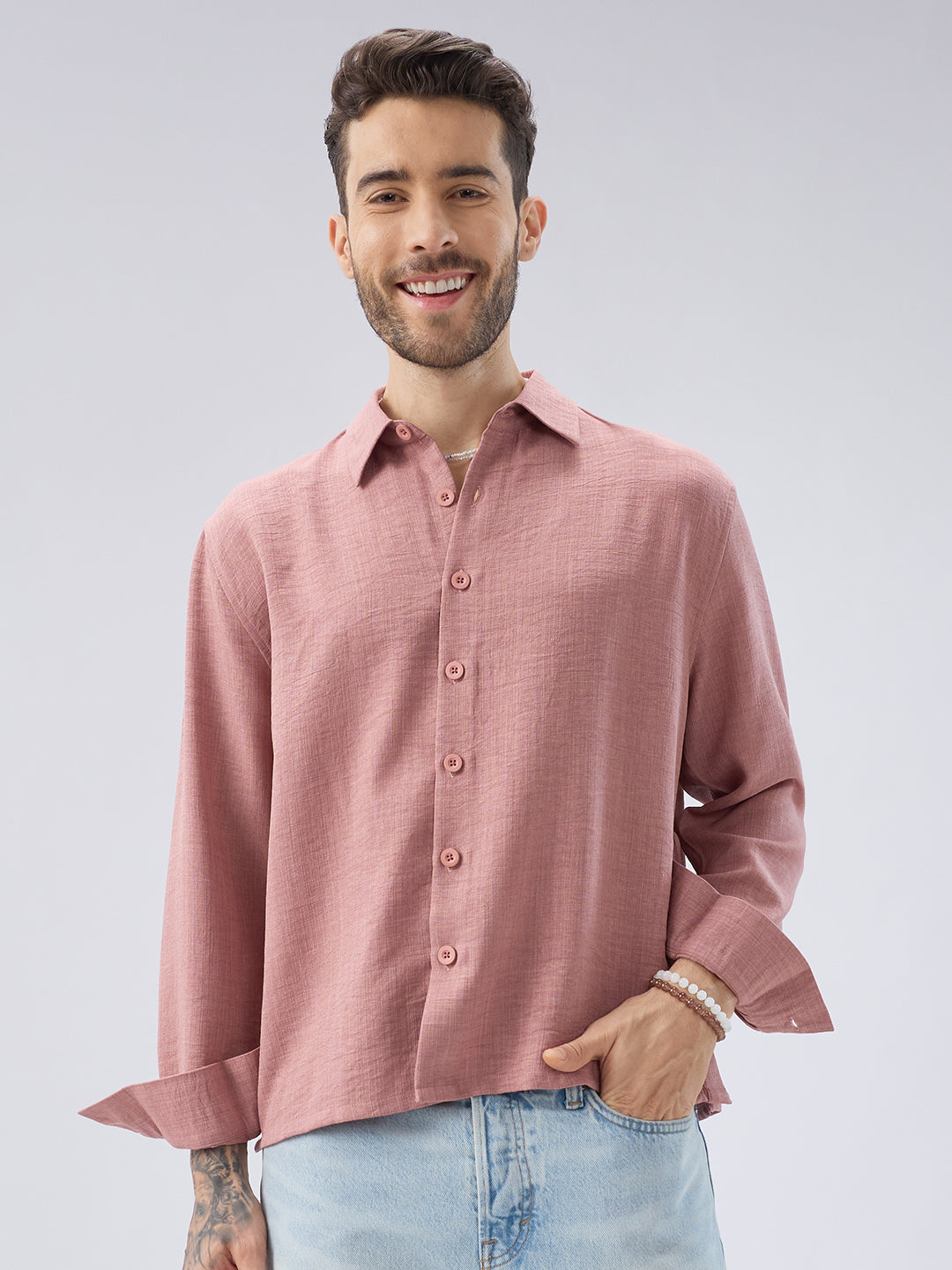Turkish Rose Pink Slub Textured Side-Slit Button Crop Shirt