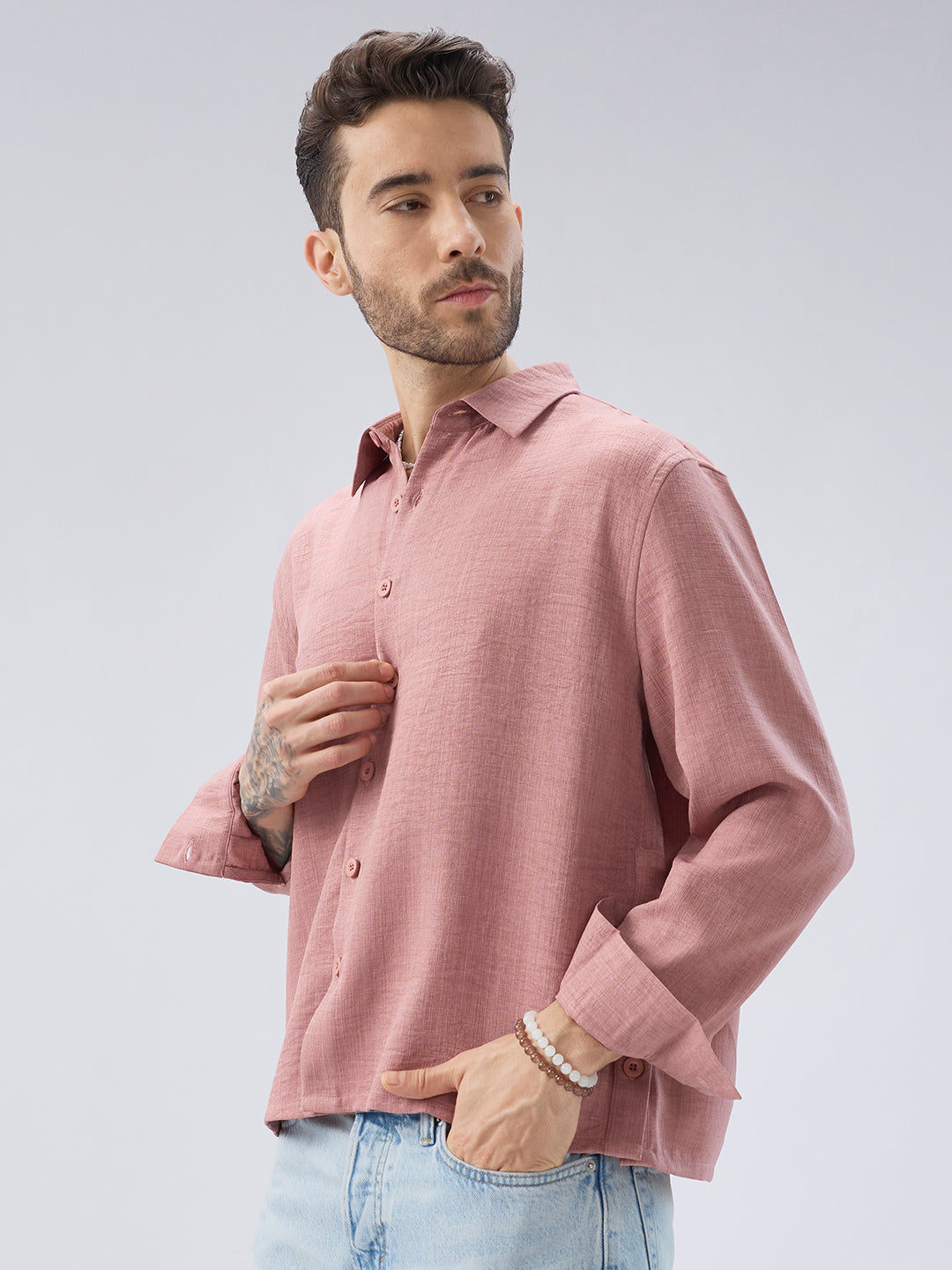 Turkish Rose Pink Slub Textured Side-Slit Button Crop Shirt