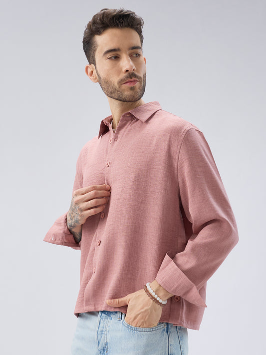 Turkish Rose Pink Slub Textured Side-Slit Button Crop Shirt