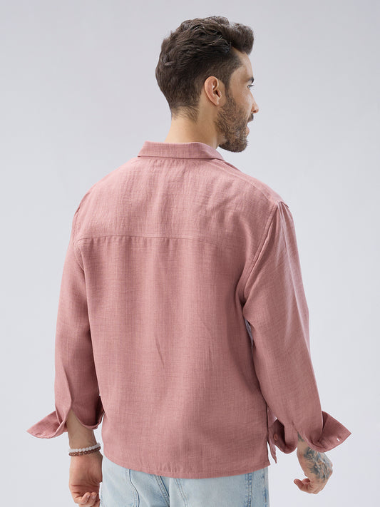 Turkish Rose Pink Slub Textured Side-Slit Button Crop Shirt