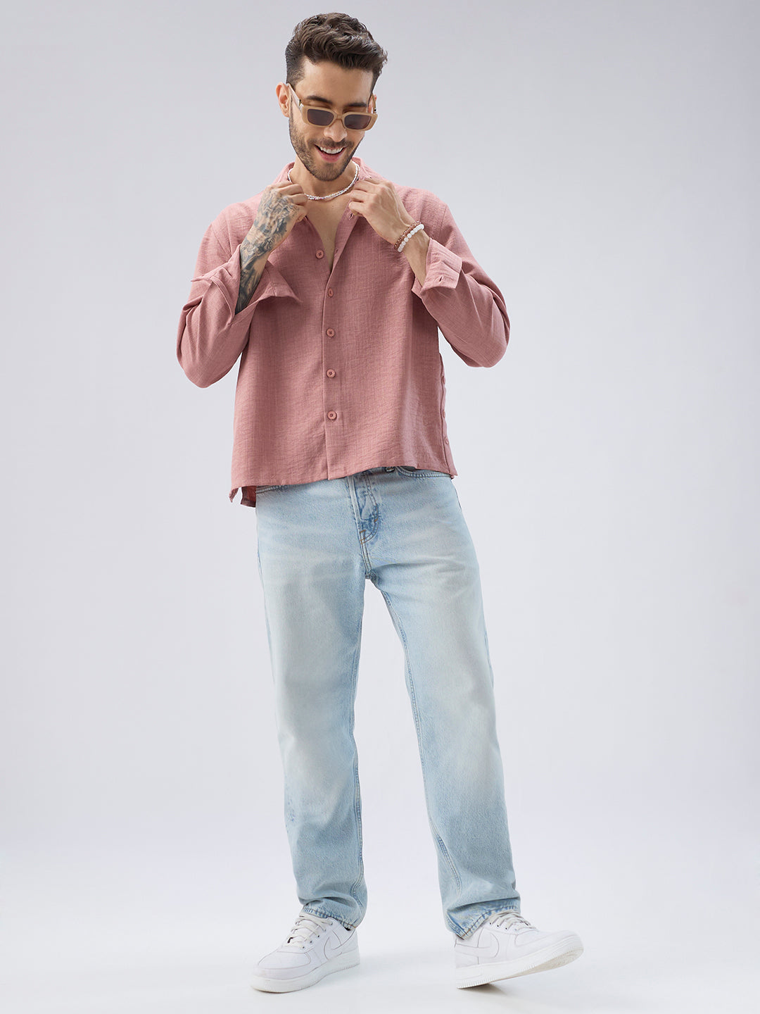 Turkish Rose Pink Slub Textured Side-Slit Button Crop Shirt