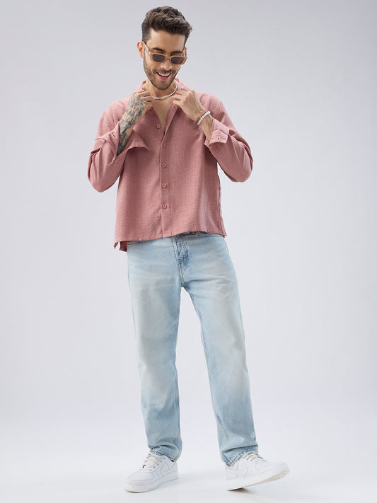 Turkish Rose Pink Slub Textured Side-Slit Button Crop Shirt