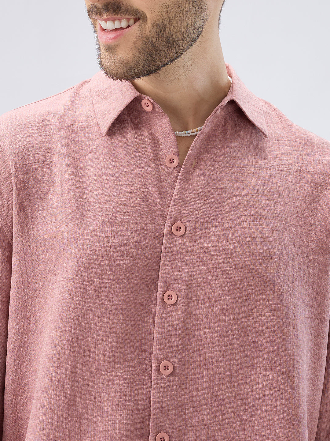 Turkish Rose Pink Slub Textured Side-Slit Button Crop Shirt