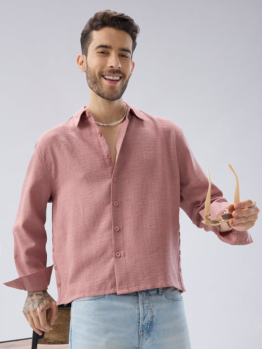 Turkish Rose Pink Slub Textured Side-Slit Button Crop Shirt