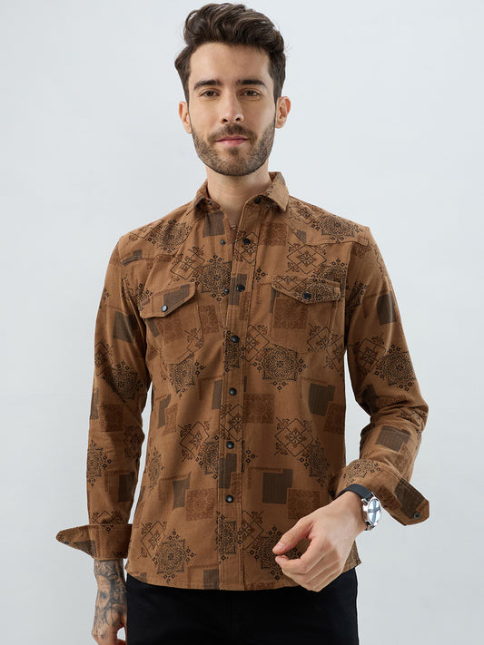 Russet Brown Royal Motif Heritage Twin Pocket Corduroy Shirt