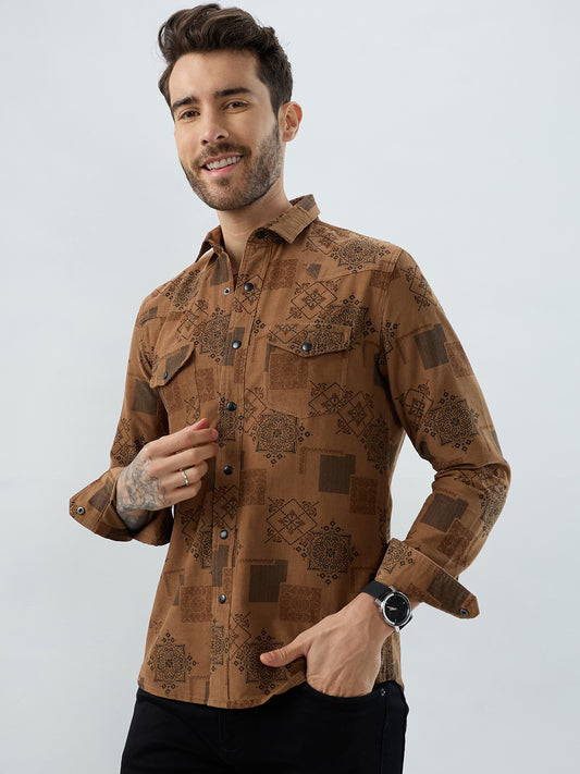 Russet Brown Royal Motif Heritage Twin Pocket Corduroy Shirt